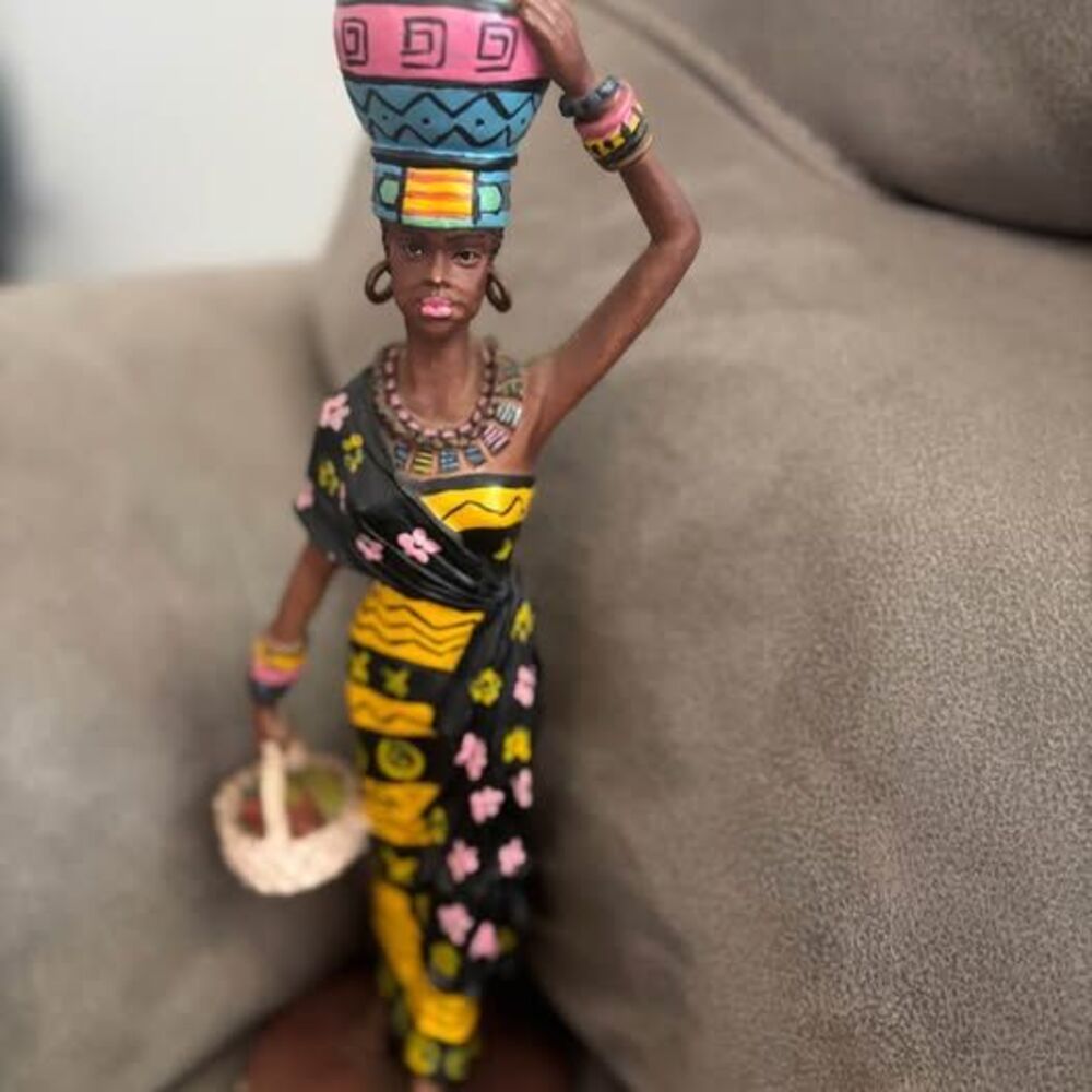 African Woman Carrying Water Pot Figurine – Colorful Tribal Style Decor